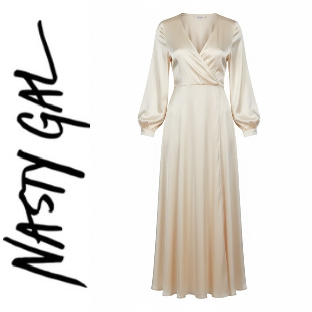 NEW Nasty Gal Cream Satin Wrap Dress 12 - Picture 3 of 10